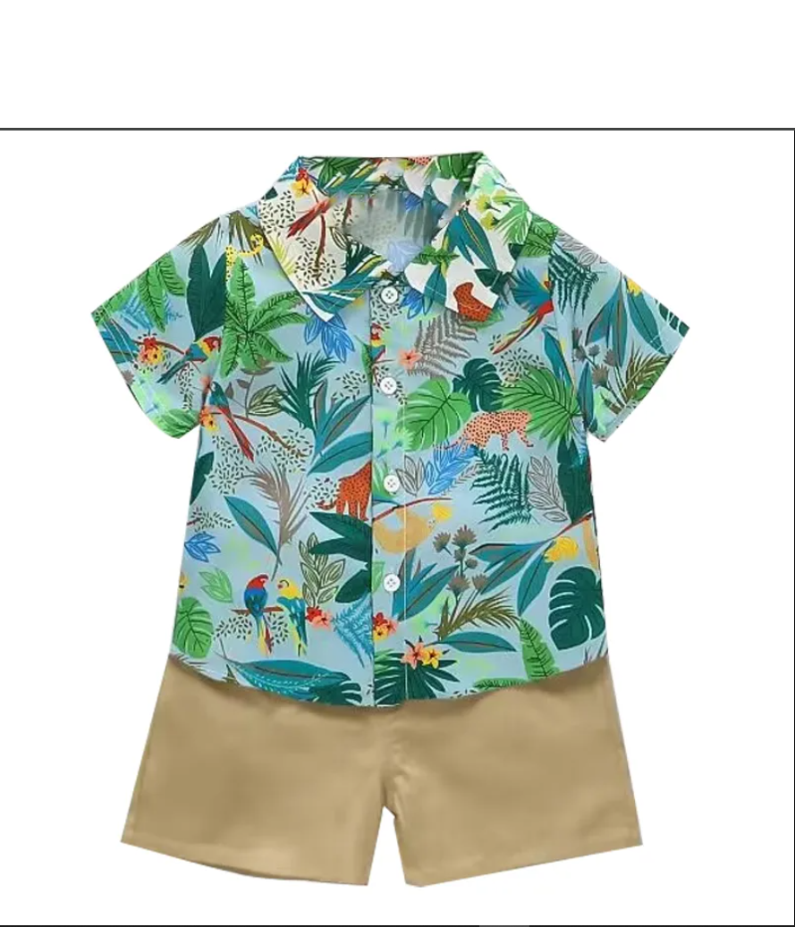 0-5-year-old baby summer short sleeved shorts set, beach style printed short sleeved shirt+casual pants two-piece set